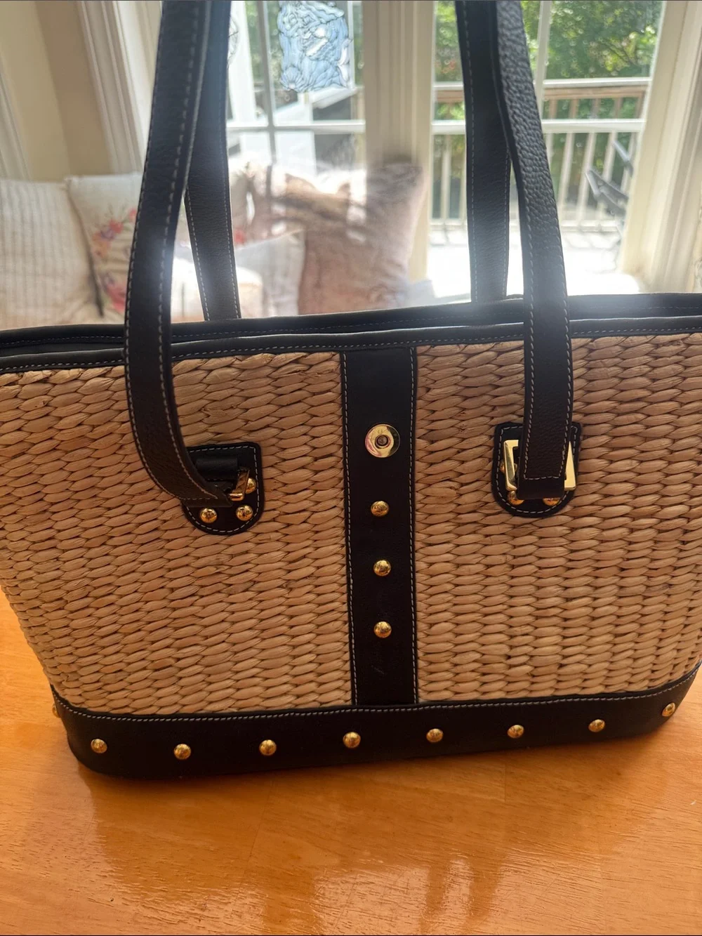 Woven Straw Pet CarryTote with Black Trim and Gold Accents